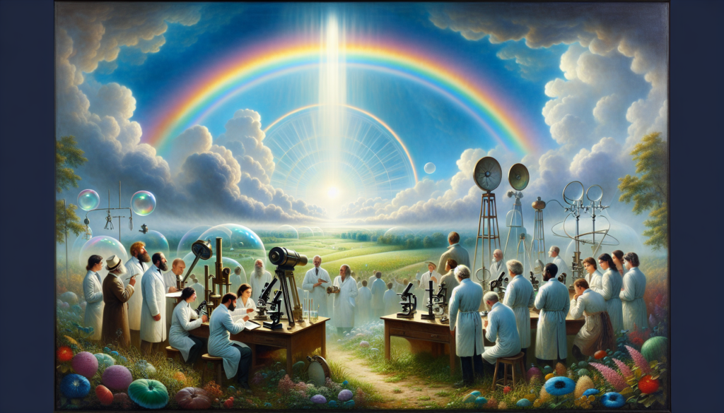 An ethereal scene of a vibrant rainbow arcing across a misty sky, with a group of diverse scientists of various ethnicities observing and taking notes, surrounded by scientific equipment like spectrom