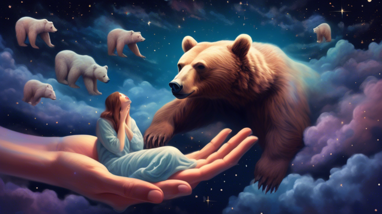 A surreal scene depicting a person peacefully sleeping in a giant open hand, with ethereal, ghostly bears floating around and above them in a softly lit, starry night sky.