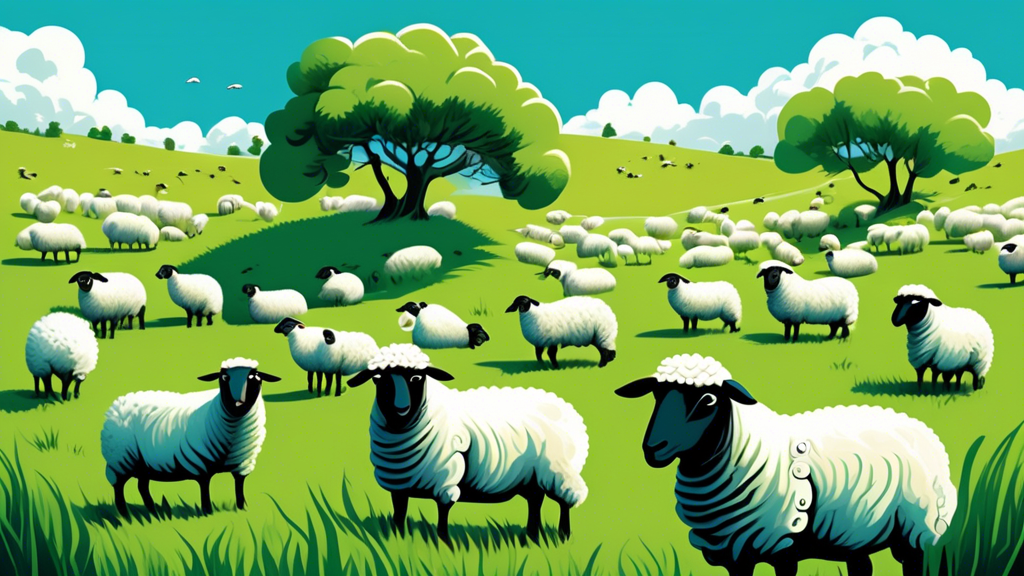 An artistic illustration depicting a vibrant, lush green meadow under a clear blue sky, where a flock of white sheep is peacefully grazing, with one distinct, cartoonish, black sheep in the center, lo