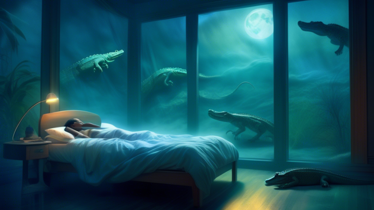 An ethereal scene of a person peacefully sleeping in a misty, moonlit room while translucent crocodiles gently swim around the bed, symbolizing various aspects of dream interpretation.