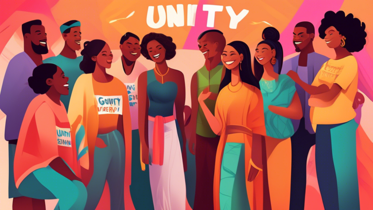 A digital painting of a diverse group of people, each wearing outfits traditionally associated with another gender, discussing and smiling in a supportive, artistically stylized community center, with