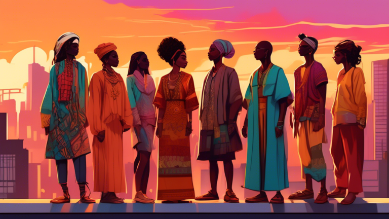 An artistic representation of a diverse group of people standing proudly on a city rooftop at sunset, each dressed in a mix of traditional and modern fashion that reflects their unique cultures and id