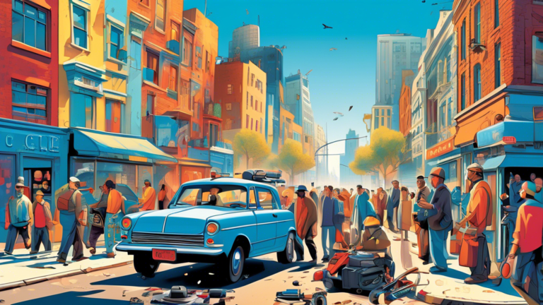 Detailed illustration of a colorful, bustling city street with a single car broken down on the side, surrounded by curious pedestrians and a mechanic arriving with tools, under a clear blue sky.