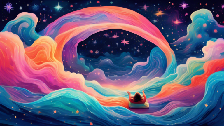 An ethereal landscape depicting a person peacefully sleeping under a starry sky with transparent, dream-like waves of vivid colors and surreal elements floating above them, showing a blend of differen