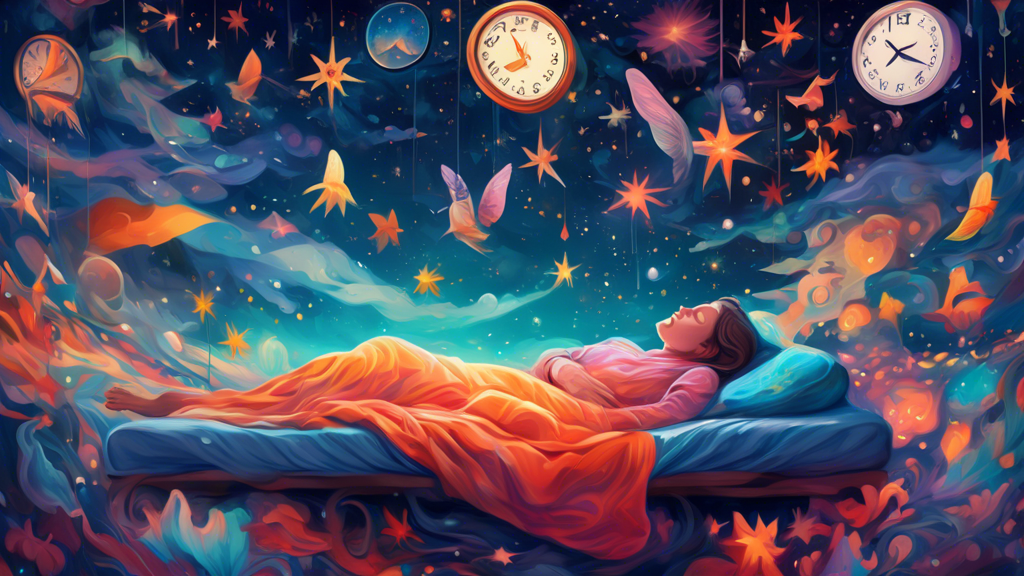 An ethereal and surreal digital painting of a person sleeping under a starry sky, surrounded by vivid, dream-like imagery of floating clocks, distorted landscapes, and whimsical creatures made of ligh