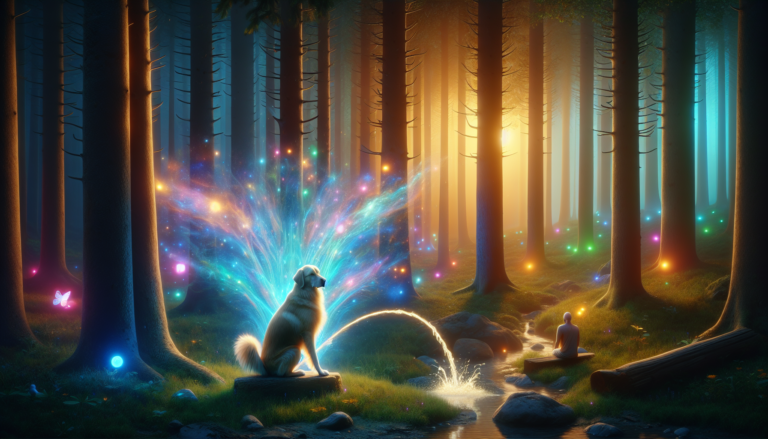 An ethereal scene depicting a spiritual aura around a dog peeing on a person, set in a tranquil forest with soft, glowing lights and serene expressions, conveying a sense of mystical enlightenment.