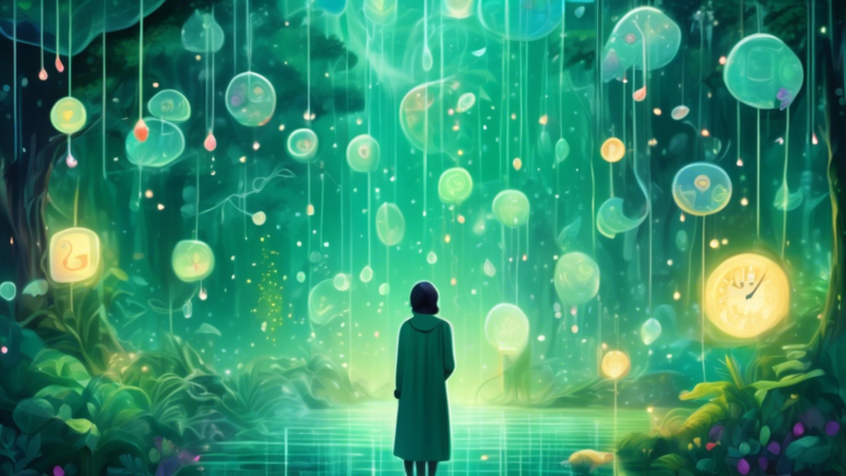 An ethereal and serene scene depicting a person standing in a gentle rainfall, surrounded by various symbolic dream-like elements such as floating clocks, soft glowing lights, and translucent animals,