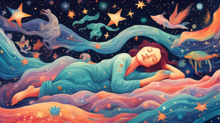 An ethereal, dream-like illustration featuring a person sleeping under a starry sky, with transparent, gentle waves of colorful symbols and mystical creatures gently flowing out from their open mouth,