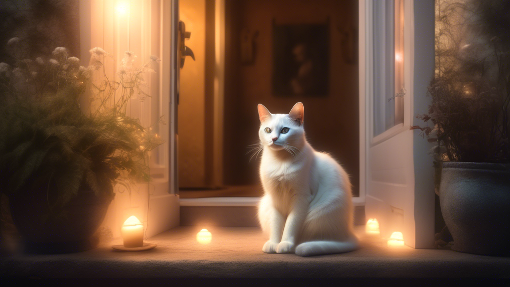 Create an ethereal, serene image of a cat sitting calmly at the doorstep of a home. Bathe the scene in soft, mystical light with subtle, glowing orbs surrounding the cat. Add delicate, spiritual symbo