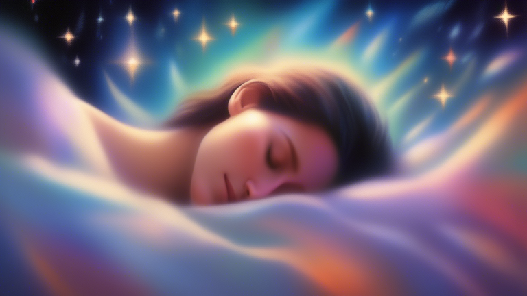 An ethereal painting of a person peacefully sleeping under a starlit sky, tears streaming down their face while angelic figures gently gather around, emitting a soft, radiant glow as they touch the dr