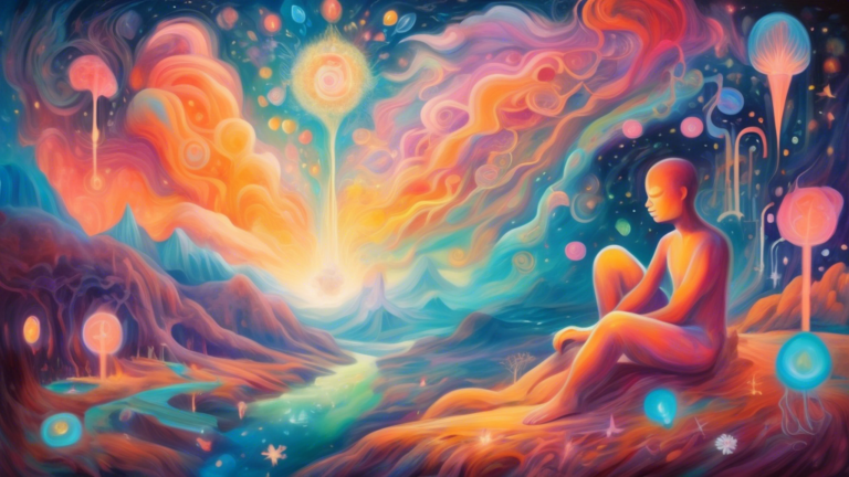 An ethereal painting of a human figure dreaming, surrounded by softly glowing symbols and mysterious landscapes, depicting an interpretive visual journey through the spiritual significance of pooping