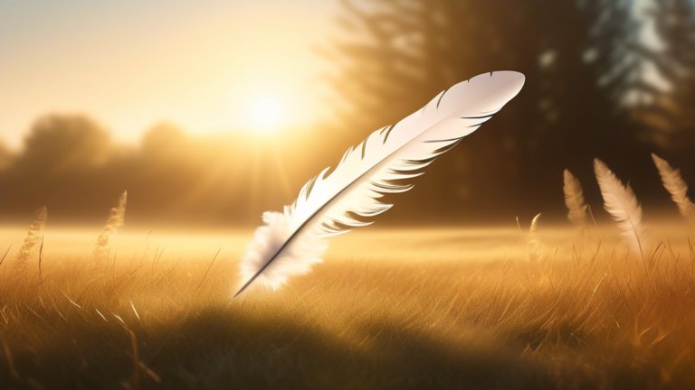 Create an image featuring an ethereal, serene landscape with a gentle, golden sunlight illuminating a peaceful meadow. In the foreground, showcase an elegant, pristine white feather floating gracefull