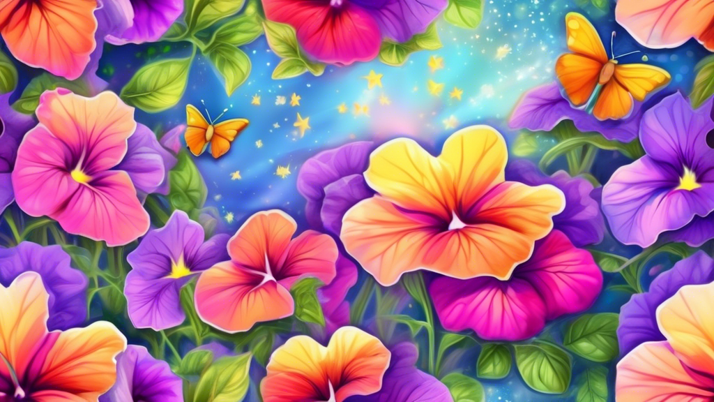 An enchanting garden filled with vibrant, colorful petunias under a bright sun, each petunia subtly morphing into different symbolic shapes like hearts, stars, and peace signs, with a gentle butterfly
