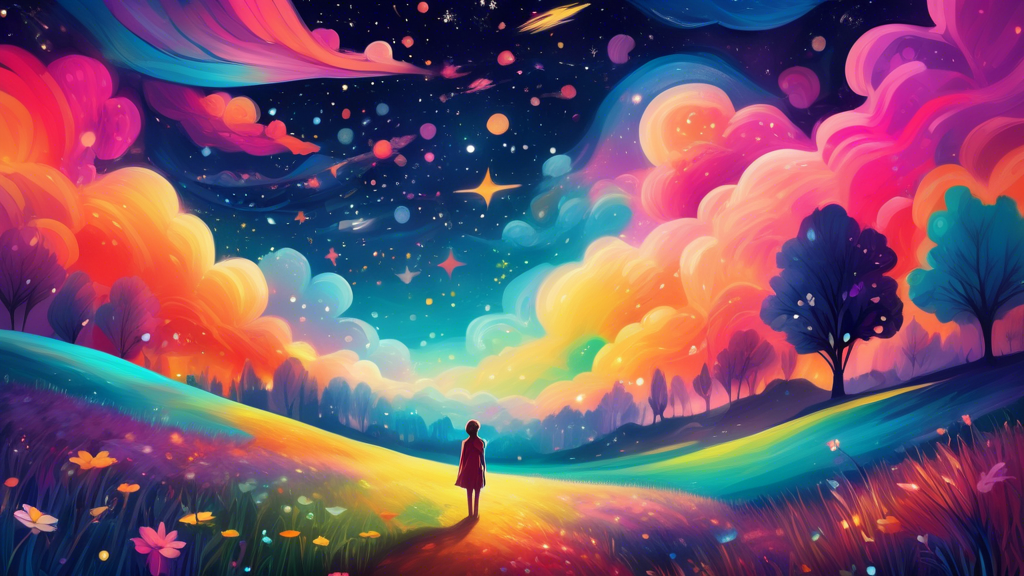 An ethereal dreamscape with a person drawing vivid, colorful dreams that float into the sky, set in a tranquil, open meadow under a starry night sky.