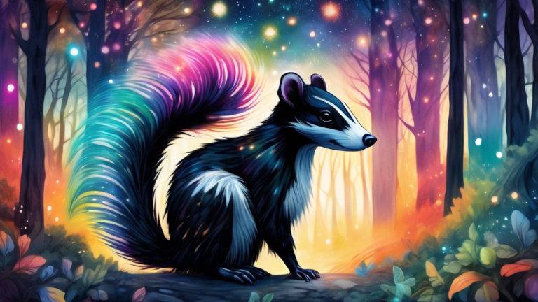 An artistic depiction of a skunk standing in a mystical forest with colorful aura symbols floating around, highlighting different aspects of mythology and folklore, under a starlit sky.