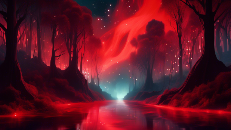 An ethereal and surreal dreamscape featuring a flowing river of luminous red blood under a starlit sky, surrounded by shadowy, mist-covered forests and translucent, ghost-like figures pondering its me