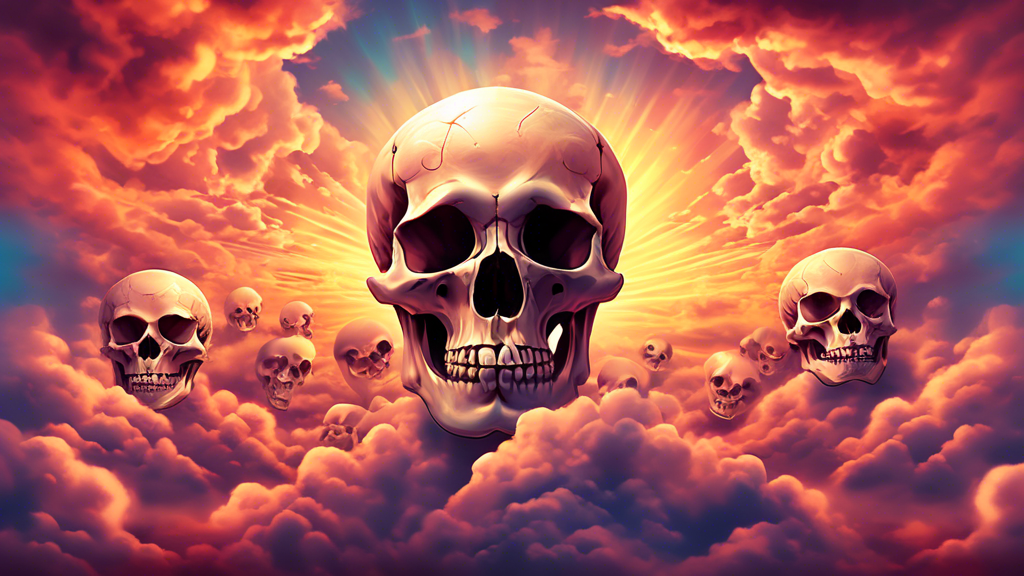 Dramatic sky at sunset with clouds forming the shapes of intricate skulls, each emitting a soft, ethereal glow, symbolizing deep spiritual meanings, with rays of sunlight piercing through in a serene,