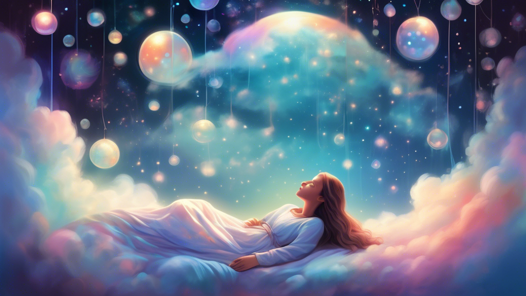 Create a mystical and ethereal image of a person peacefully sleeping under a starlit sky, with a translucent, dream-like apparition of a sister figure hovering protectively above them, surrounded by g