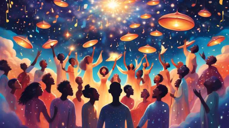 An ethereal depiction of a diverse group of people floating in a star-filled sky, each person from a different ethnic background, singing with eyes closed and surrounded by glowing light and musical n