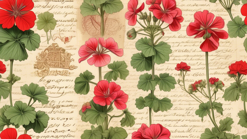 An intricately detailed botanical illustration of various types of geraniums, each surrounded by ancient script and symbols highlighting their unique meanings, set against a soft, vintage parchment ba