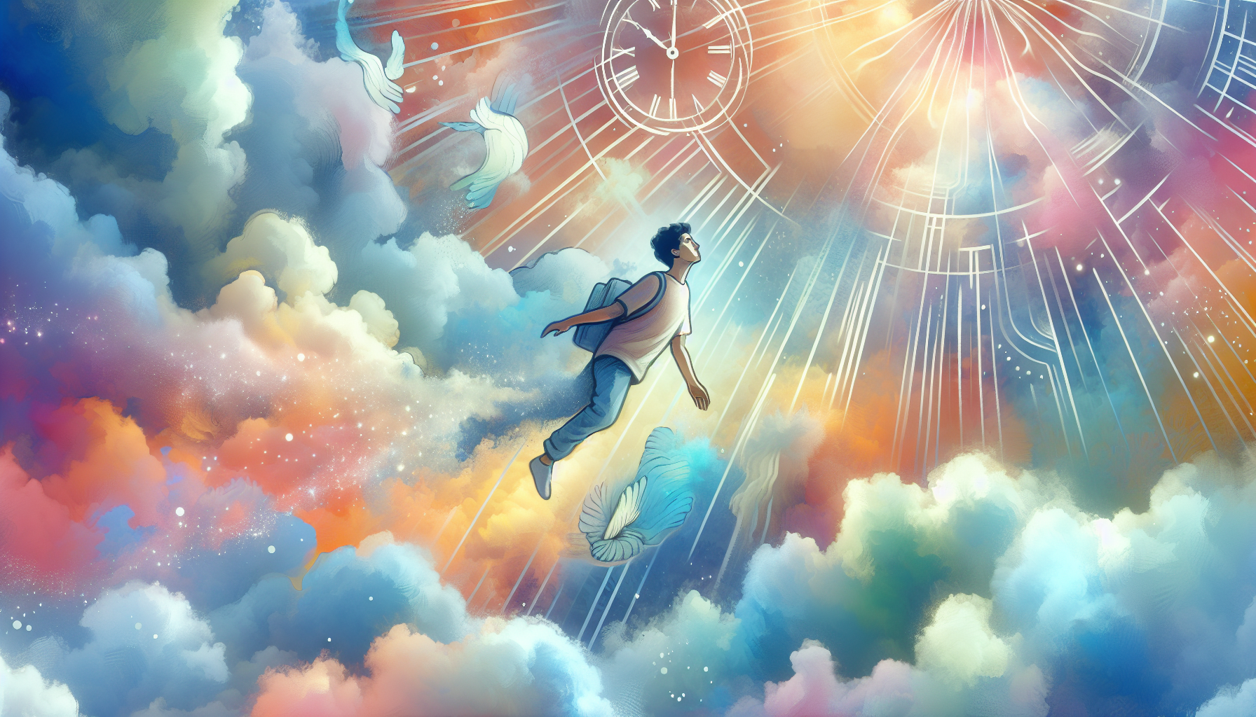 An ethereal and serene painting depicting a person gently falling through a vibrant dreamscape of soft clouds, floating clocks, and surreal landscapes, with a look of peaceful discovery on their face,