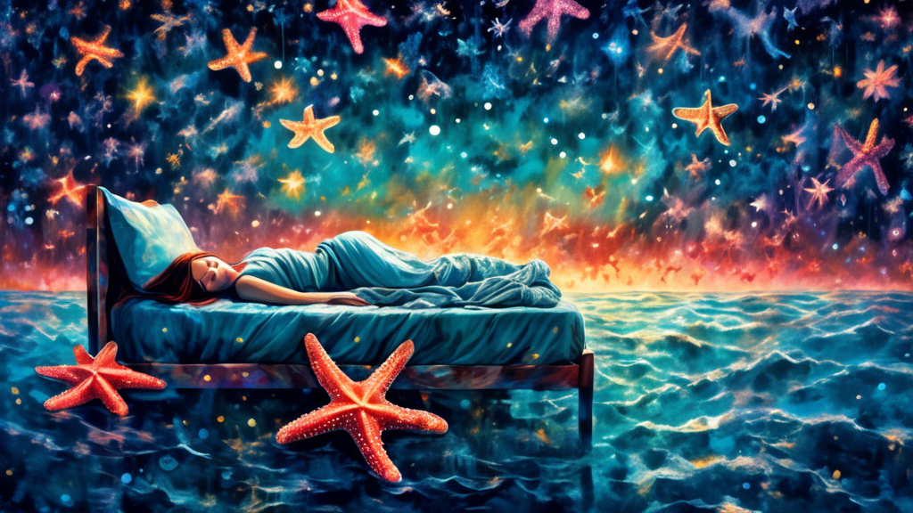 A surreal dreamscape featuring a person peacefully sleeping on a soft, oversized starfish floating on a calm, moonlit ocean under a starry sky.