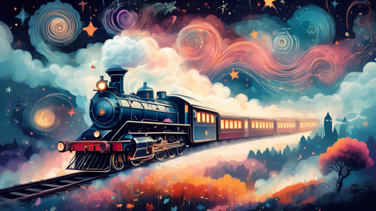 An ethereal, misty landscape with a vintage steam train gently moving along a track that spirals into the clouds, surrounded by faintly glowing, wispy spirits and celestial symbols floating in a starl