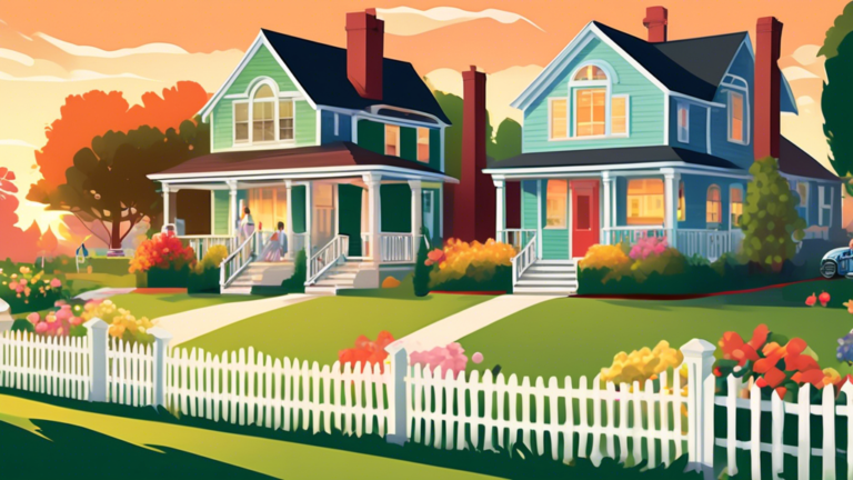 An idyllic suburban neighborhood at sunset, featuring a series of houses each with a pristine white picket fence, lush green lawns, and flowering gardens, as a diverse group of people of various ages