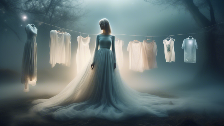 Create an ethereal, dream-like scene where various types of clothing float in a surreal, misty landscape. The clothes should be illuminated with a soft, otherworldly glow and arranged in a way that su
