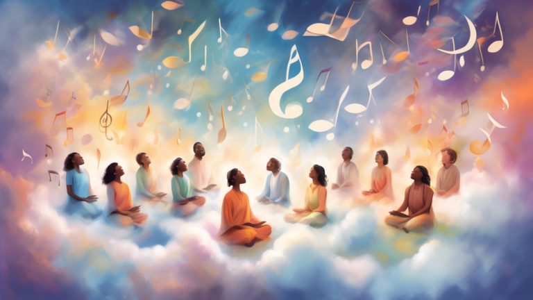 An ethereal scene depicting a diverse group of people peacefully floating in a serene cloud-filled sky, their eyes closed in deep meditation, while translucent musical notes gracefully drift around th