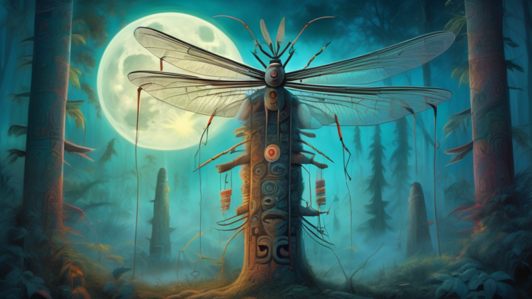 A surrealistic painting of a colossal mosquito perched on a traditional totem pole, with symbols and hieroglyphics glowing in the ethereal light of a full moon, set in a misty, ancient forest.