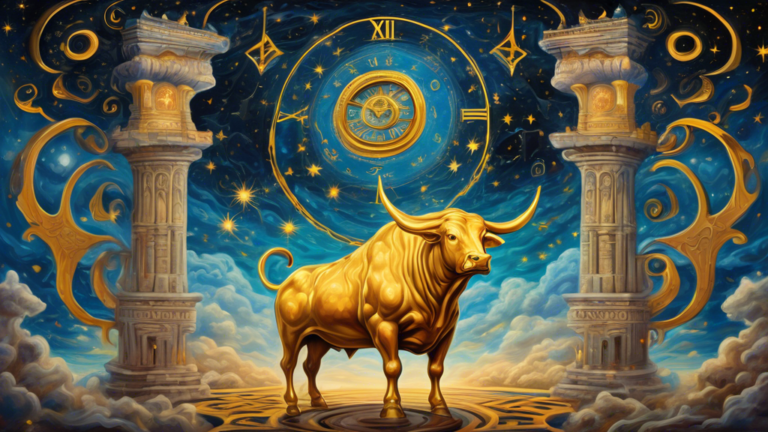 A surreal painting of a majestic, golden bull standing in the center of an ancient labyrinth, with dream-like symbols like clocks and clouds floating around, under a starry night sky.
