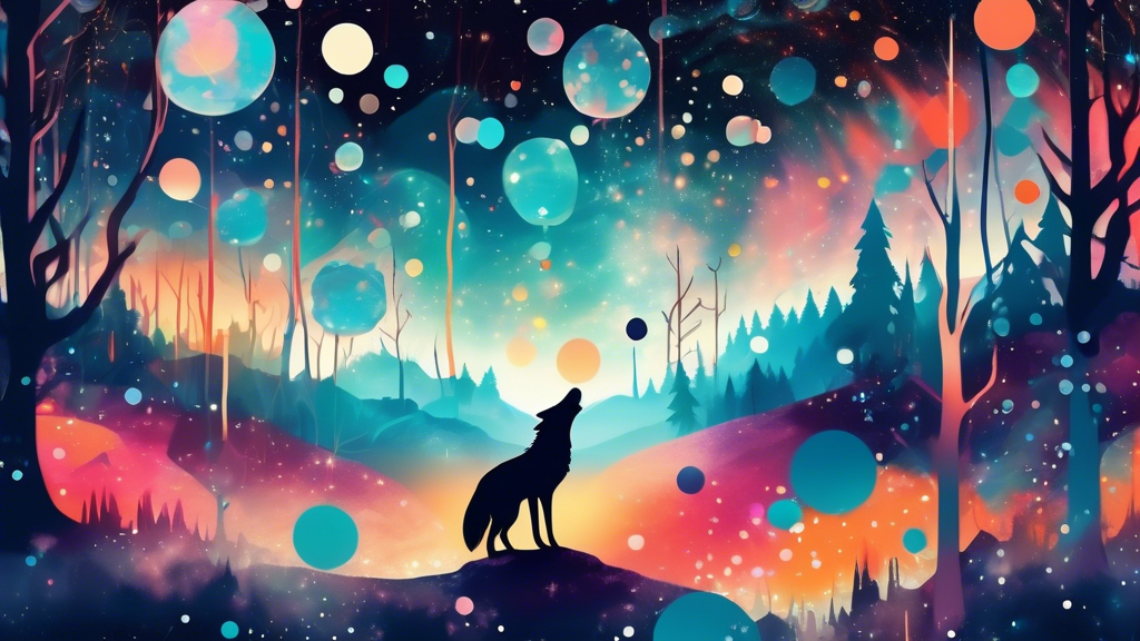 A mystical, dreamlike forest under a starlit sky, with a silhouetted coyote standing on a hill, surrounded by faint, glowing dream bubbles containing abstract symbols and images.