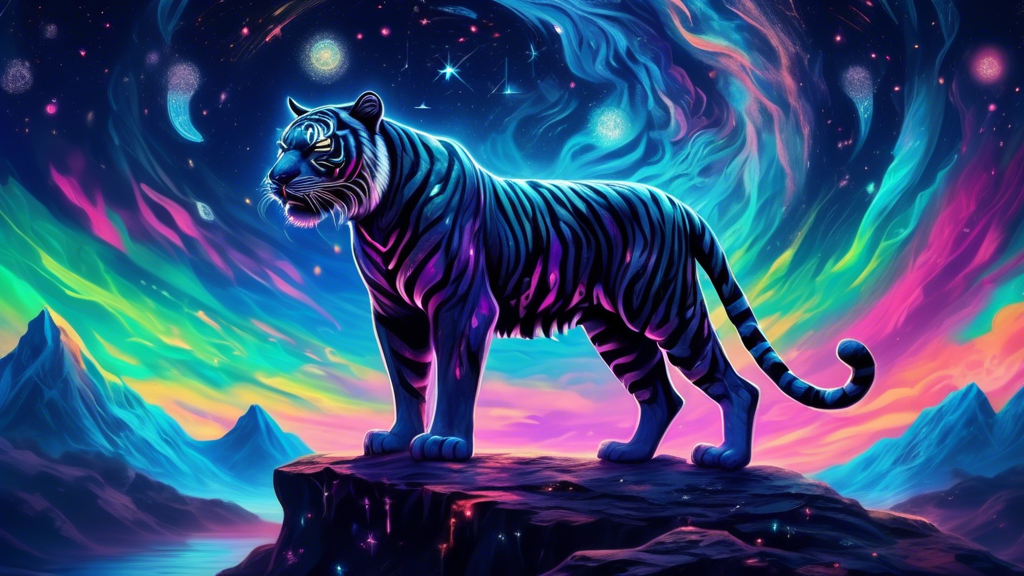 A surreal image of a black tiger standing majestically on a cliff under a starry night sky, surrounded by ancient symbols and glowing mystical runes, with a vivid aurora borealis in the background.