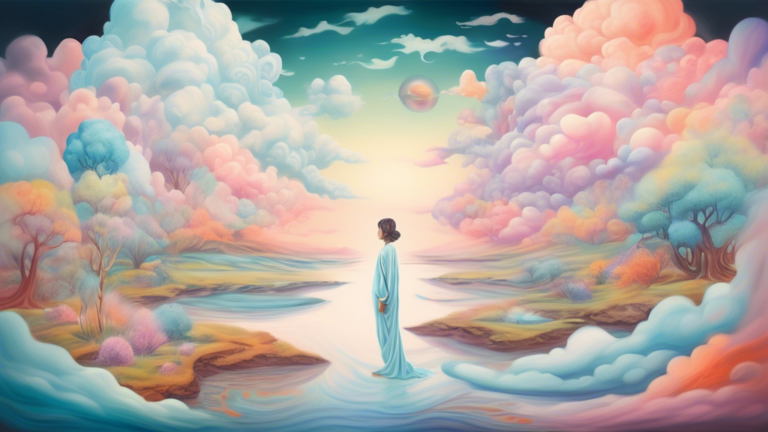 Create a surrealistic painting of a serene dreamscape where an ethereal figure appears half-dressed, blending with elements of nature like clouds and rivers, embodying spiritual symbols and gentle pas