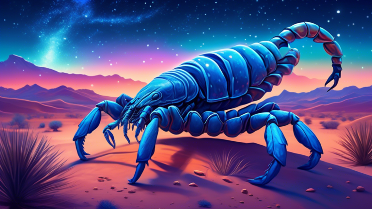 A serene and mystical desert landscape under a starry night sky, with a translucent, giant scorpion glowing in ethereal blue light, symbolizing spiritual presence in a dream.
