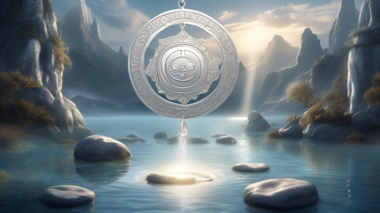 Create a serene, mystical landscape featuring a silver sky at dawn. In the center, there is an ancient, ornate silver amulet glowing ethereally, suspended above a tranquil body of water. Surrounding t
