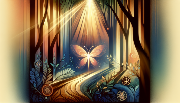 An ethereal scene where a gently glowing fly is surrounded by soft, golden light, symbolizing spiritual significance, set in a serene, mystical forest backdrop with faint symbols of various religions