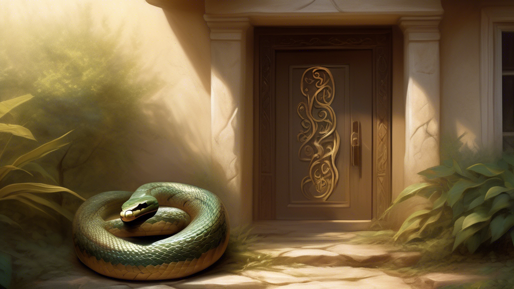 Create an image illustrating a mystical and serene scene of a snake at the front door of a home. The setting should invoke a sense of spiritual awakening and peacefulness. The snake should appear gent