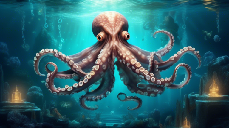 Create a surreal, mystical underwater scene that features a majestic octopus adorned with ancient, glowing symbols on its body. The setting should evoke a sense of spirituality and sacredness, with so