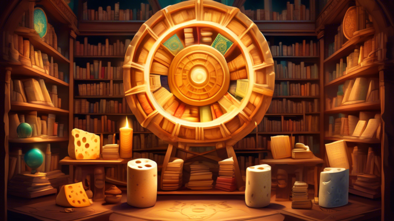 An ancient library filled with historic scrolls and books, with a giant, majestic cheese wheel on a pedestal in the center, illuminated by a soft, focused light from above, surrounded by various cultu