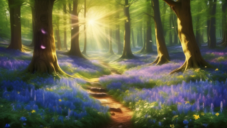 A tranquil forest glade flooded with sunlight, carpeted with vibrant bluebells, each petal tinged with symbols representing different aspects of mythology and folklore.