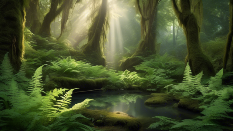 An ethereal forest clearing filled with various types of lush, green ferns under a soft, dappled light filtering through an ancient canopy of tall trees. Each fern glows with a subtle aura, highlighti