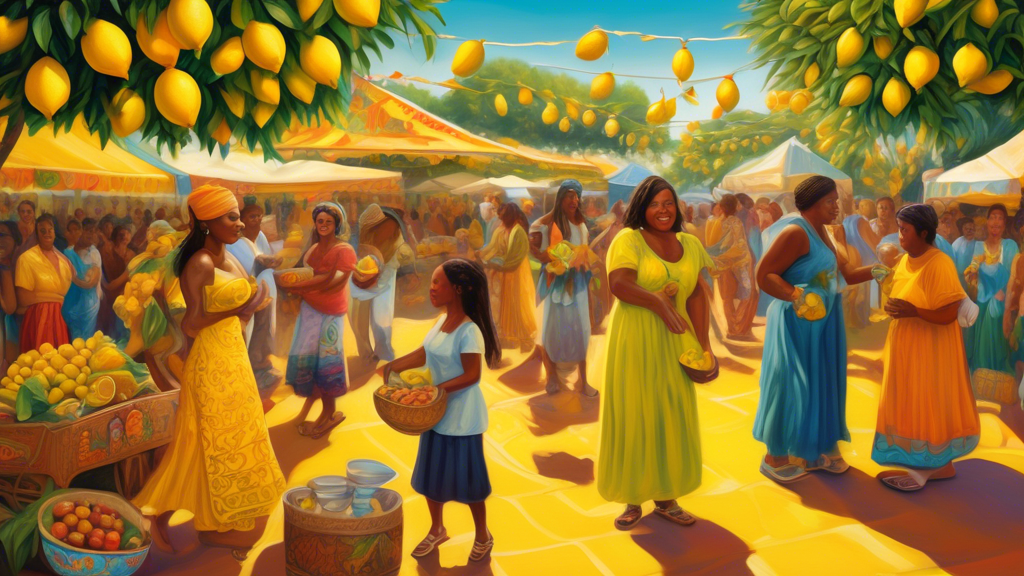 An intricate oil painting depicting a vibrant, multicultural festival where people from various backgrounds are joyously exchanging different lemon-based goods and cultural artifacts, expressing unity