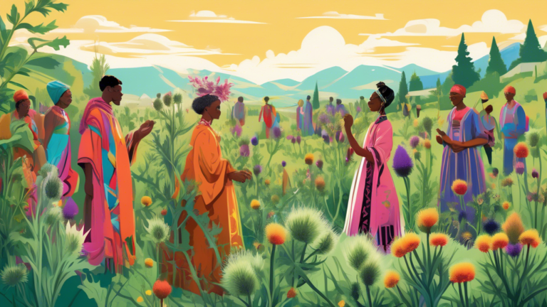 An artistic depiction of a lush, green landscape filled with various types of thistles under a bright, clear sky, with people from different cultures in traditional attire interacting with the plants,