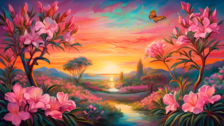 An ethereal painting of an oleander flower garden at sunset, rich with symbolic elements like an ancient hourglass and a delicate butterfly perched on a blooming branch, set in a serene, mystical land