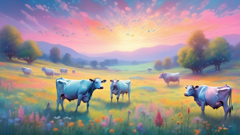 A serene and mystical landscape at twilight, where a group of ethereal, translucent cows wander through a lush, vibrant meadow dotted with wildflowers, under a sky painted with soft, pastel colors, co