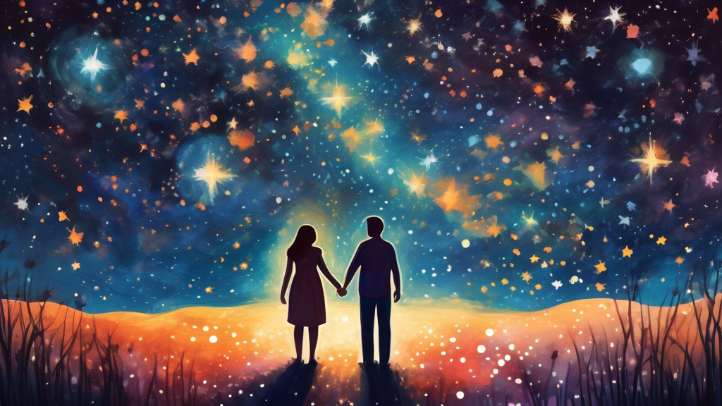 Create an artistic and emotional image of a hopeful couple standing under a starry night sky, looking up at a shimmering constellation in the shape of a baby. The couple should be holding hands, repre