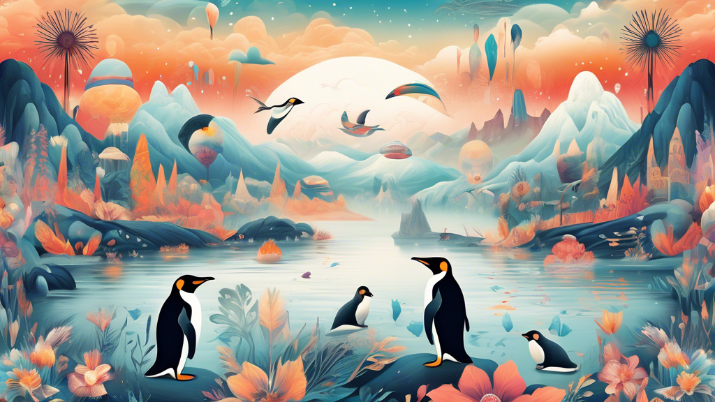 An ethereal landscape with penguins displayed as various cultural symbols around the world, including native art styles, surrounded by dreamy, misty vignettes that symbolize their cultural and spiritu