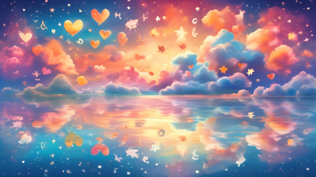 An ethereal scene at sunset with a variety of clouds shaped like different symbols, such as hearts, stars, and animal silhouettes, each glowing with a soft light, represented in a colorful, painterly
